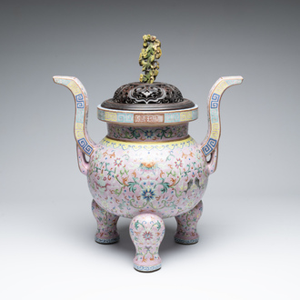A large and impressive Chinese famille rose 'bajixiang and lotus scroll' censer with a wooden cover, Jiaqing mark and of the period