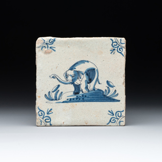A blue and white Dutch Delft 'elephant' tile, 17th C.