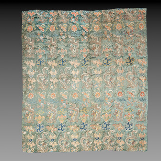 A Chinese green-ground embroidered silk panel with dragons among clouds, 18th C.