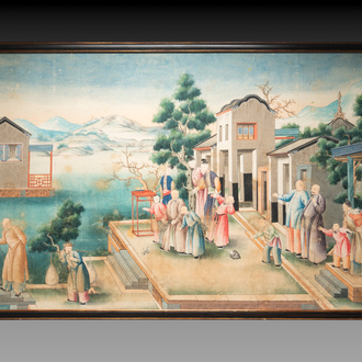 Canton school: 'Farewell at the entrance of the official residence', gouache on paper, Qianlong