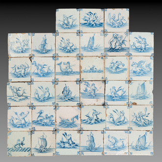 33 blue and white Dutch Delft tiles with sea creatures and ships, mostly Ghent, 17/18th C.