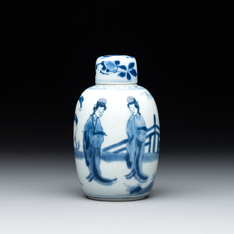 A Chinese blue and white 'Long Eliza' tea caddy and cover, artemisia leaf mark, Kangxi