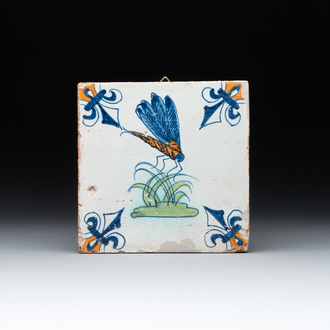 A polychrome Dutch Delft 'dragonfly' tile, 17th C.