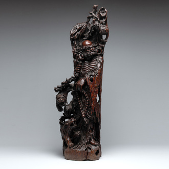 A large Chinese carved hongmu group of Fuhu Luohan and tigers, Republic