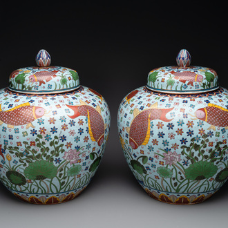 A pair of Chinese cloisonné 'carps' vases and covers, Republic
