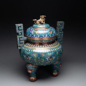 A large Chinese cloisonné 'dragon' tripod censer and cover, Republic