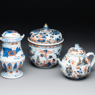 A Chinese Imari-style teapot, a covered sugar bowl and a covered vase or shaker, Kangxi/Qianlong