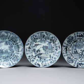 Three blue and white Dutch Delft chinoiserie dishes, late 17th C.