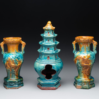 A Chinese sancai three-piece altar garniture, Ming