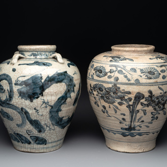 Two Chinese blue and white Swatow jars with dragons and flowers, Ming