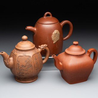 Three Chinese Yixing stoneware teapots, Gu Jingzhou 顧景舟, Yu Guoliang 俞國良 and Cui Zhu Xuan 翠竹軒 seal marks, 20th C.