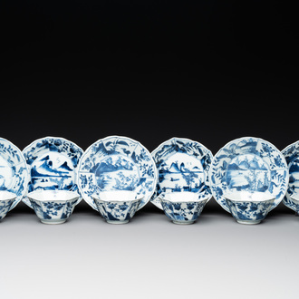 Six Chinese blue and white 'landscapes' cups and saucers, Kangxi