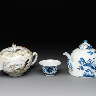 Two Chinese blue, white and famille rose 'birds and flowers' teapots and a cup, Chenghua and Tongzhi marks, 19th C.
