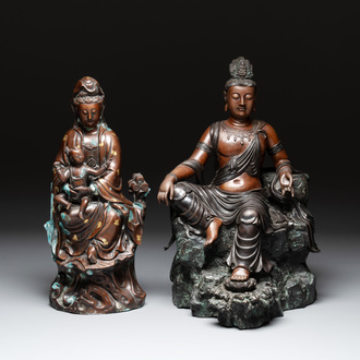 A large Chinese bronze Guanyin seated on rocks and a group of Guanyin with child, 20th C.