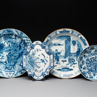 Two blue and white Dutch Delft chinoiserie dishes, a plate and a plaque, 18th C.