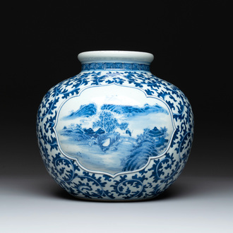 A Chinese blue and white globular 'landscape' vase, 19th C.