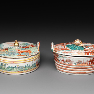 Two polychrome Dutch Delft petit feu butter tubs, 18th C.