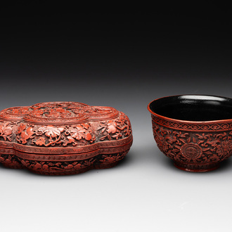 A Chinese cinnabar lacquer quadrifoil covered box and a 'lotus and shou' bowl, 19th C.