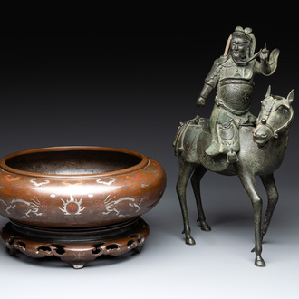 A Vietnamese bronze brush washer on stand and a Chinese bronze warrior on horseback, 19th C.