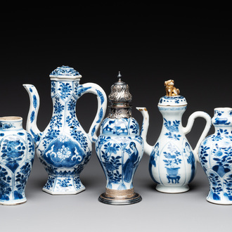 Two Chinese blue and white ewers and three vases, one silver mounted, Kangxi
