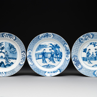 Three Chinese blue and white 'Long Eliza' plates, various marks, Kangxi