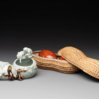 A Chinese celadon-glazed brush washer and a peanut nesting box, 20th C.