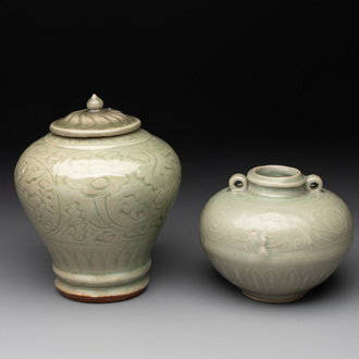 Two Chinese Longquan celadon jars with floral design, Ming