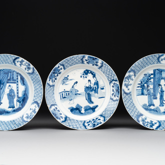 Three Chinese blue and white plates with figural design, Jiajing and Chenghua marks, Kangxi