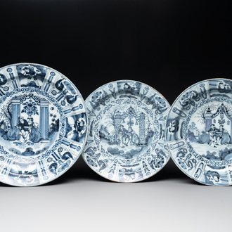 Three blue and white Dutch Delft chinoiserie dishes, late 17th C.