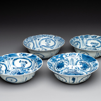 Four Chinese blue and white 'kraak' 'klapmuts' bowls, Wanli