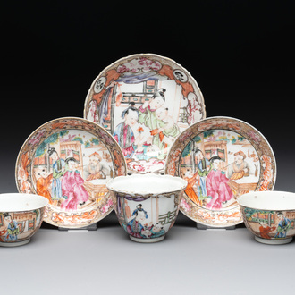 Three fine Chinese Canton famille rose 'mandarin subject' cups and saucers, Qianlong
