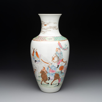 A Chinese famille rose vase with figural design, Qianlong mark, 19th C