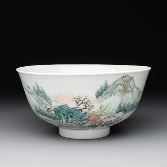A fine Chinese qianjiang cai 'mountainous river landscape' bowl, signed Cheng Men 程門, Guangxu mark, dated 1887