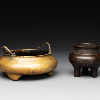 Two Chinese bronze tripod censers, Ming/Qing