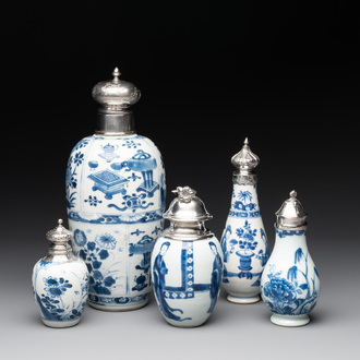 Five Chinese blue and white silver-mounted vases, Kangxi