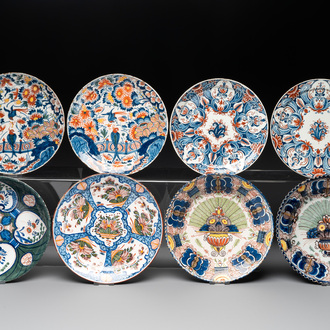 Eight polychrome Dutch Delft plates, 18th C.