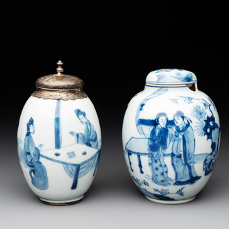 Two Chinese blue and white tea caddies with figural design, one silver mounted, Kangxi