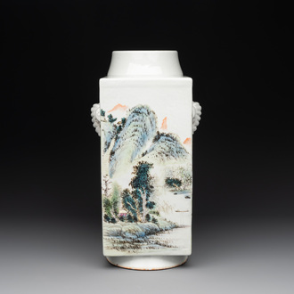 A Chinese qianjiang cai 'landscape' 'cong' vase, Pu Zhu Xuan 圃竹軒 seal mark, 20th C.