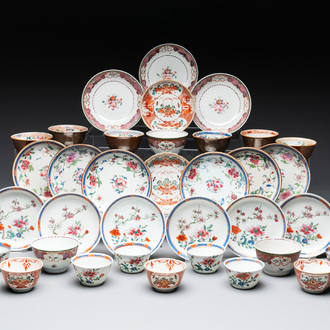 35 Chinese famille rose and Dutch-decorated cups and saucers, Yongzheng/Qianlong
