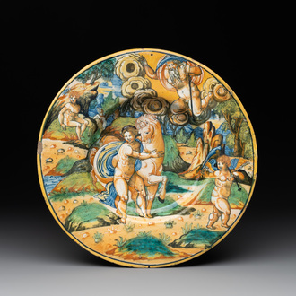 An Italian maiolica 'Saturn and Phylira' istoriato plate, Rimini, 2nd half 16th C.