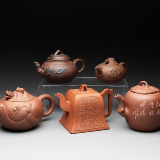 Five Chinese Yixing stoneware teapots, 19/20th C.