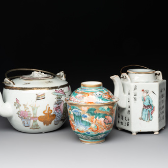 Two Chinese famille rose teapots and a covered cup, including Wu Shuang Pu, signed Tao Yu Xuan陶玉軒, Wan Yu mark, dated 1912 and 19/20th C.