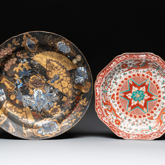 A Japanese-lacquered Chinese blue and white dish and a Japanese Kutani 'phoenix' dish, Wanli/19th C.