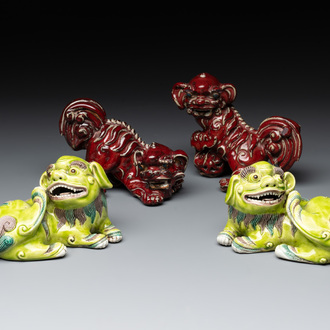 A pair of Chinese lime-green-glazed Buddhist lions and a pair of flambé-glazed Shiwan Buddhist lions, 19/20th C.