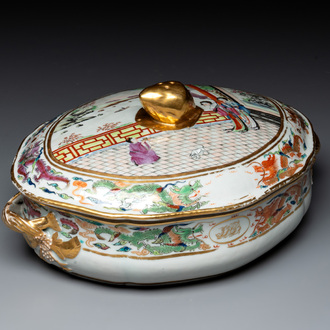 A Chinese export famille rose 'JFCB' monogrammed tureen and cover with narrative design, 19th C.