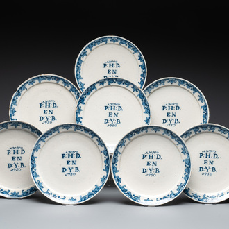 A set of eight blue and white Dutch Delft marriage plates, inscribed 'P:H:D en D:Y:B', dated 1750