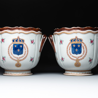 A pair of famille rose-style wine coolers with arms of King Louis XV of France, Samson, Paris, 19th C.