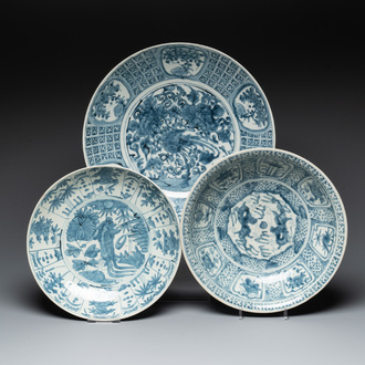 Three Chinese blue and white Swatow dishes, Ming