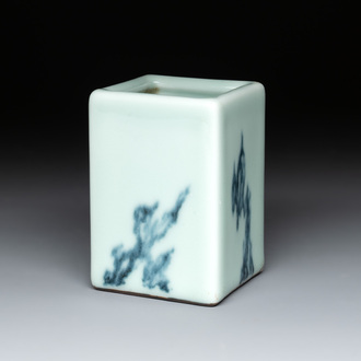 A Chinese blue and white celadon-ground square brush pot, Qianlong mark, 19/20th C.