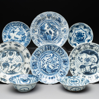 Eight Chinese blue and white 'kraak' wares, Wanli